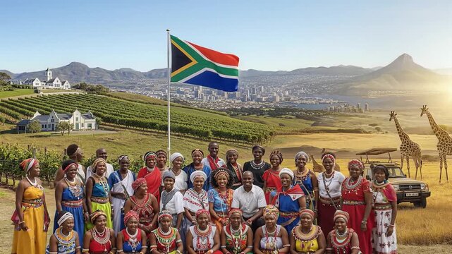 vibrant african cultural group in vineyard with south african flag and giraffes