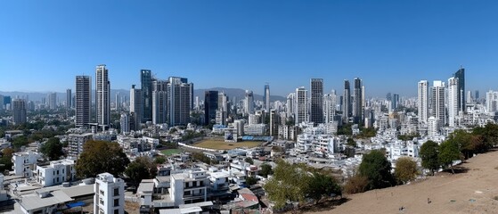 Fototapeta premium A wide angle shot shows buildings, a golf course, and green grass near houses under a clear blue sky