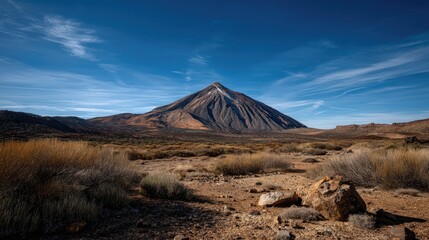Mountain covered in snow stands tall with green shrubs and red rocks in clear daylight under a blue sky with some clouds