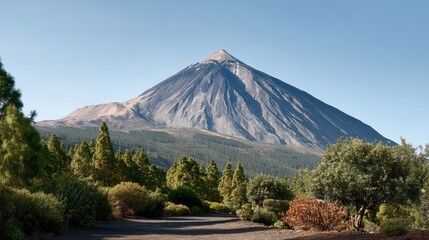 Sunrise brings light to Teide Mountain, showcasing stunning colors and details in the landscape surrounded by trees and clear skies