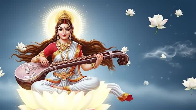 Saraswati Goddess Playing Veena on Lotus Flower Animation Motion.