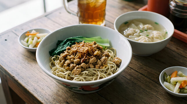 Delicious noodles and chicken meats with pangsit served in a bowl on a wooden table