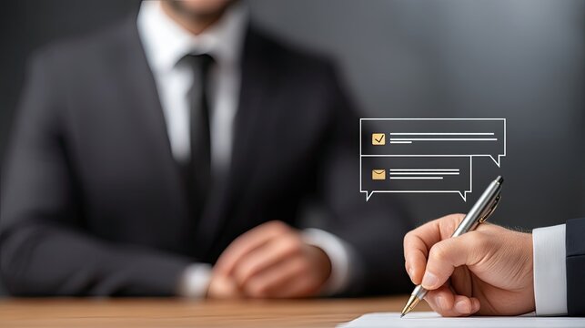 Businessman uses a fingertip to select check marks on virtual boxes above a transparent surface, engaging with digital documents and forms