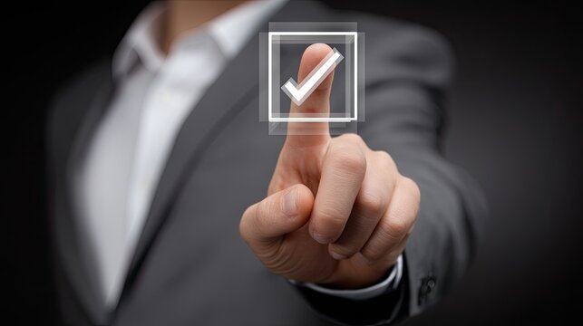 Businessman uses a fingertip to select check marks on virtual boxes above a transparent surface, engaging with digital documents and forms.