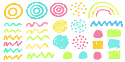 Fototapeta premium Colorful chalk drawings and shapes arranged on a white background