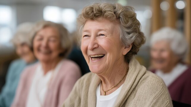 Group of elderly women laughing uproariously at a shared memory during weekly coffee morning gathering, perfect for senior friendship lifestyle, elder social connection, aging joy, modern senior