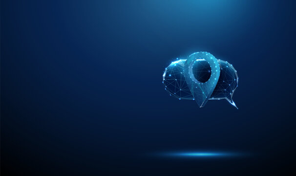 3d speech bubble with location pin icon. Geolocation messaging, location sharing in chat, map integration, navigation support, place tagging, real-time positioning concept