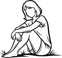 A simplified line drawing of a person with short hair sitting cross-legged outdoors