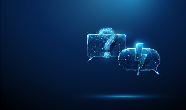 3d two speech bubbles with question mark and lightning bolt. Urgent inquiry, instant support request, fast problem clarification, real-time messaging workflow concept.