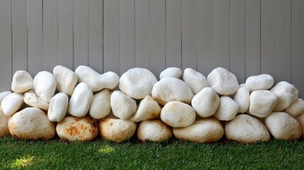 Decorative white stones arranged on the ground with a wooden fence in the background and green grass in the foreground