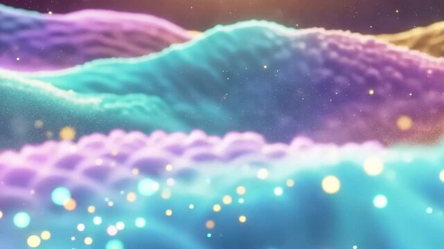 Bright colors move across a detailed landscape. Light dances over textured surfaces. The scene shifts, revealing different views of the colorful waves and glow.