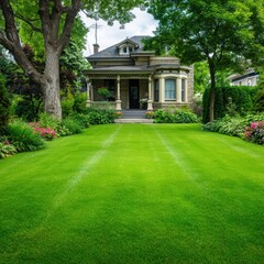 Obraz premium Charming Victorian House Surrounded by Lush Greenery and Vibrant Garden in a Serene Suburban Neighborhood