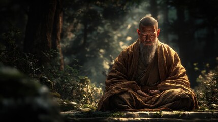 Zen Buddhism, meditation, inner peace, Chinese Japanese Asian tradition. Therapy stress release treatment, health lifestyle. An elderly man with a long beard, dressed in a brown robe.
