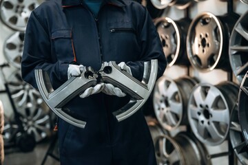 Male technician in blue coveralls holds metal car wheel rim parts in front of a wall displaying...