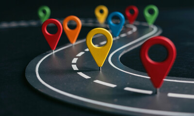 Curved Black Road with Colorful Location Pins &ndash; GPS Navigation Route and Travel Planning Concept