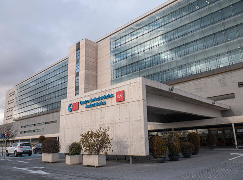 Madrid, Spain; 02-03-2026: Main facade of the outpatient activity center intended for healthcare that does not require admission, belonging to the 12 de Octubre University Hospital