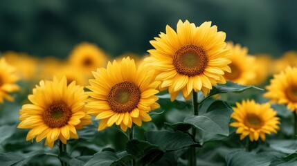 Obraz premium Bright and Radiant Sunflowers Blossoming in a Lush Green Field Under Soft Natural Light