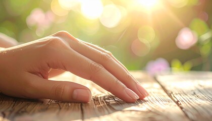 木製テーブルの上に置かれた自然光を受けた女性の美しい手のクローズアップでナチュラルなネイルを際立てた写真
