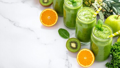 白い大理石テーブルの右側にグリーンスムージーのグラスとキウイ・オレンジ・ほうれん草・パイナップルを並べた左コピースペース付き俯瞰写真