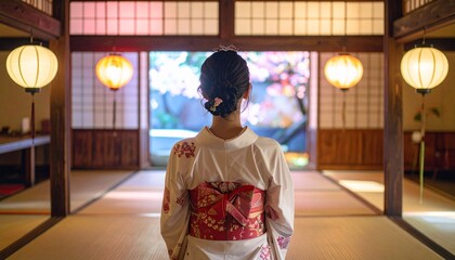 伝統的な和室で振り袖着物を着た女性が障子窓を背に提灯の暖かな光の中に立つ後ろ姿の情緒豊かな引きの絵