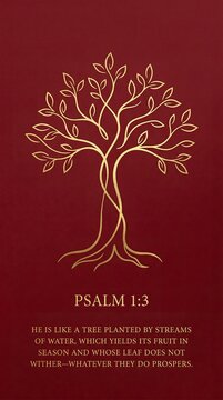 Minimal tree silhouette formed by single gold stroke, metallic texture, matte deep red background, clean spiritual poster, &ldquo;Psalm 1:3&rdquo;

