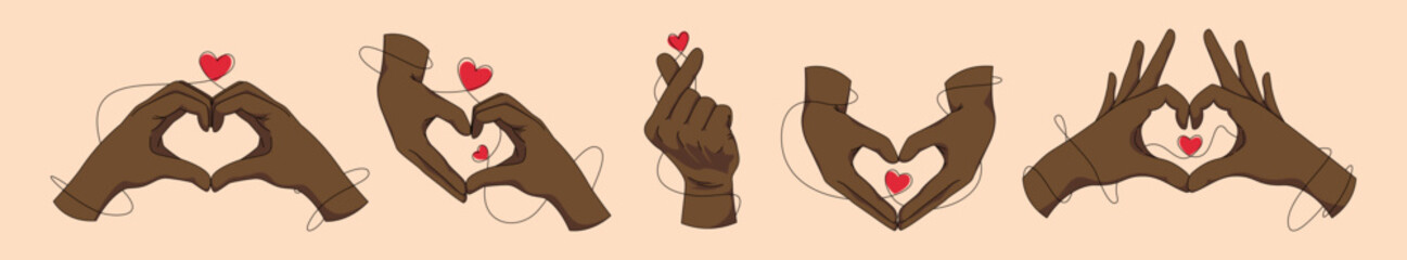 Fototapeta premium Set of african american hands making heart shape love gesture. Vector illustration