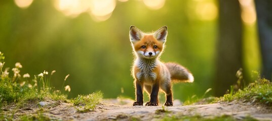 Fototapeta premium Adorable red fox cub in warm sunlight, creating a cute and lovely scene perfect for children.