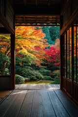 Zen Buddhism, meditation, inner peace, Chinese Japanese Asian tradition. Therapy stress release treatment, health lifestyle. A Japanesestyle room with wooden flooring, large glass windows.