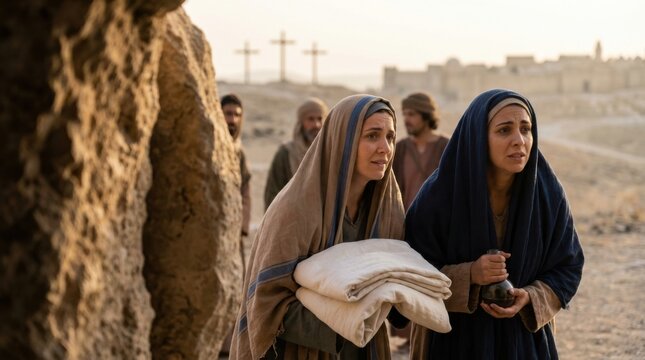 Two women, Mary Magdalene and other women, with men in background, approaching the tomb of Jesus. Biblical scene for Easter or Pascha.