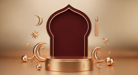 Elegant islamic podium with crescent moons and stars festive celebration