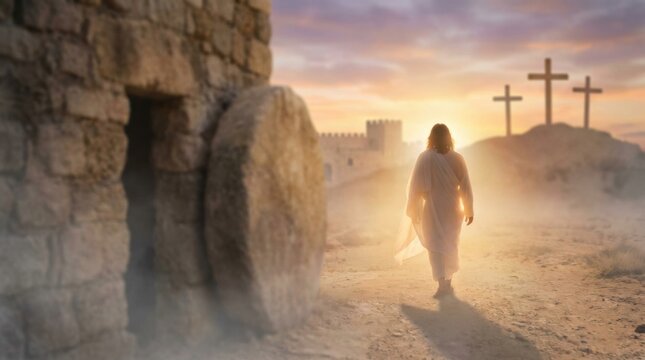Jesus Christ walking away from the empty tomb for Resurrection. Easter morning with three crosses on Golgotha symbolizing new life.