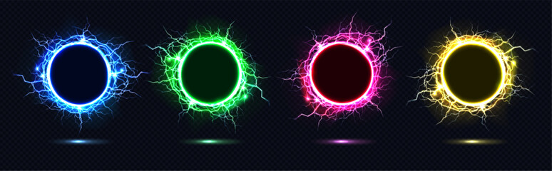 Thunder rings set with vibrant lightning circles in blue and green, yellow and pink colors. Electric energy portal effects with glowing bolts and neon sparks on dark background. Magic thunder orb © vectorpouch