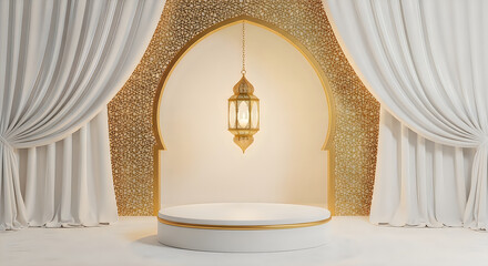 Elegant islamic podium with golden lantern and white curtains