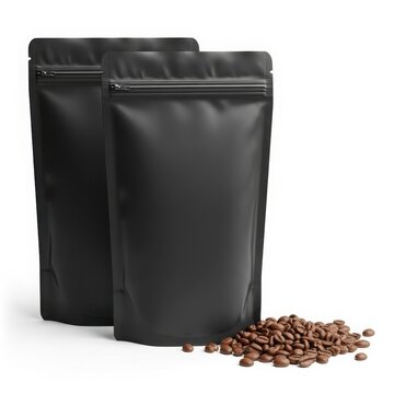 Two black coffee bean bags with coffee beans scattered on a white surface. isolated on white background