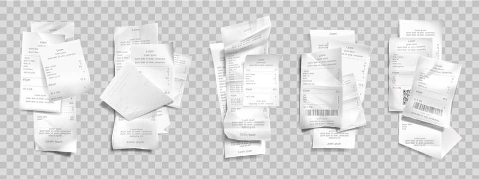 Receipt mockup with realistic 3D paper pile of shop bill tickets and cash register slips. White worn payment vouchers stack with thermal print texture and wrinkles for supermarket POS design.