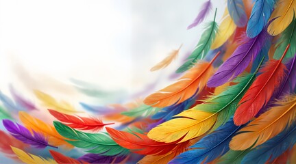 Fototapeta premium Colorful feathers blowing in wind on white background