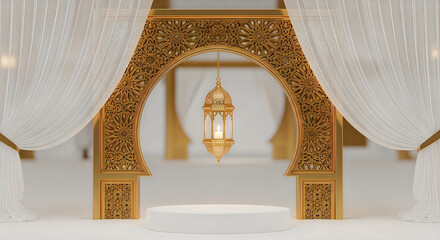 Elegant islamic golden archway with ornate lantern and podium display