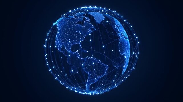 Abstract digital globe with connecting lines and glowing dots on dark background