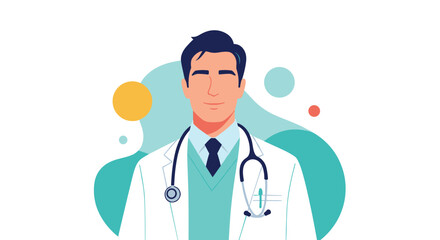Fototapeta premium Friendly male doctor in a white lab coat and stethoscope smiling against an abstract background of soft shapes.