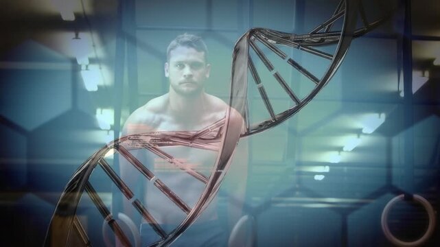 Animation of dna strand spinning over data processing and exercising strongman