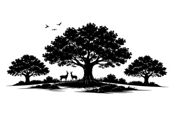 Obraz premium Silhouette of deer under majestic oak trees in natural landscape.