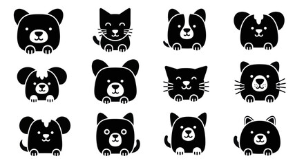 Fototapeta premium Collection of Cute Black Animal Faces Icons Set.