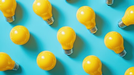 Yellow light bulbs pattern, blue background, idea concept, stock photo