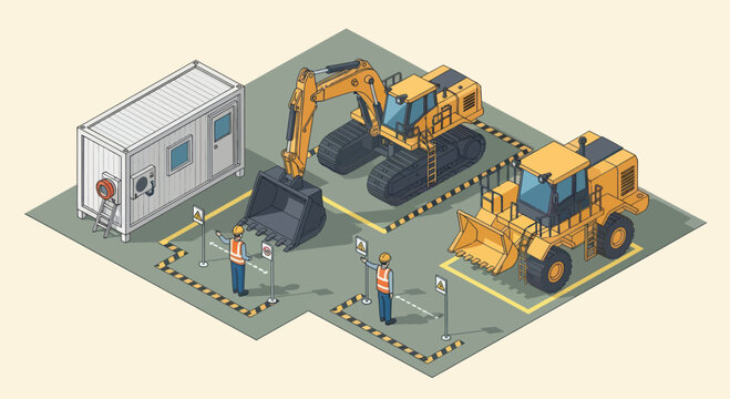 Construction Site with Excavator and Loader Machines.