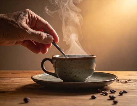 Hand r&uuml;hrt Kaffee in Tasse am Tisch bei Tageslicht