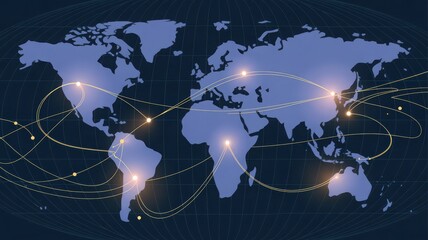 Abstract global network connecting continents with illuminated data paths, symbolizing worldwide communication and technological advancement