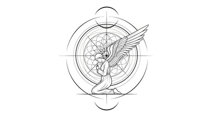 Angelic Geometric Design: Kneeling Angel with Sacred Geometry and Wings