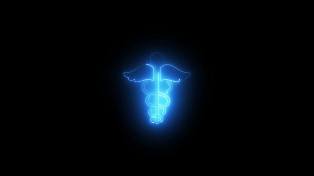 Glowing Blue Medical Caduceus Symbol with Wings on Black Background for Healthcare and Medical