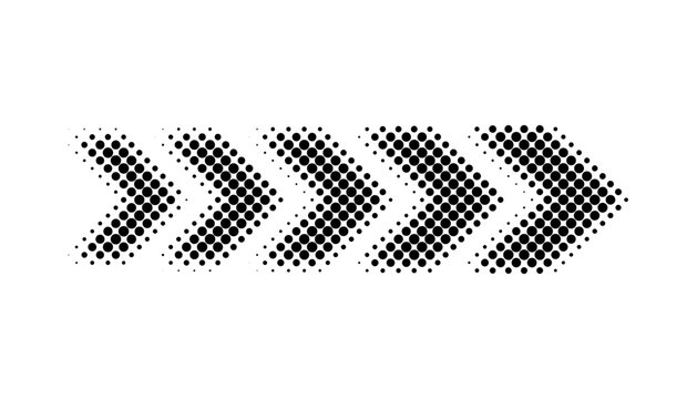Arrow icon. Arrow pattern of chevrons and dots. Speed direction to the right. Race forward icon isolated on white background. Modern arrow shape tip sign. Dynamic logo long patern. Vector illustration