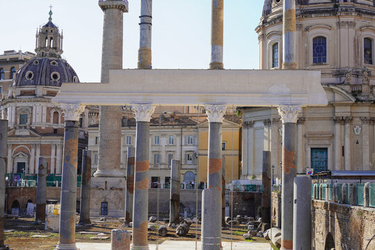 Reconstructed columns and architrave of Basilica Ulpia at the Forum of Trajan in Rome, Italy